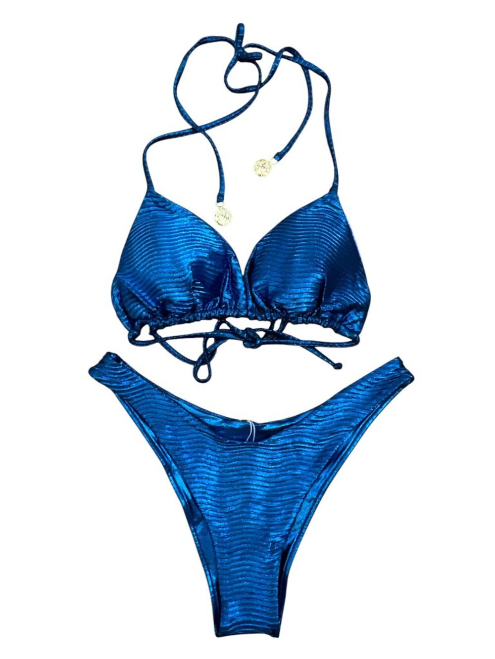 Luli Fama Midnight Waves Metallic Bikini Set Blue XS NWOT